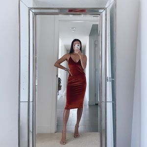 Burnt Orange Velvet Midi Dress